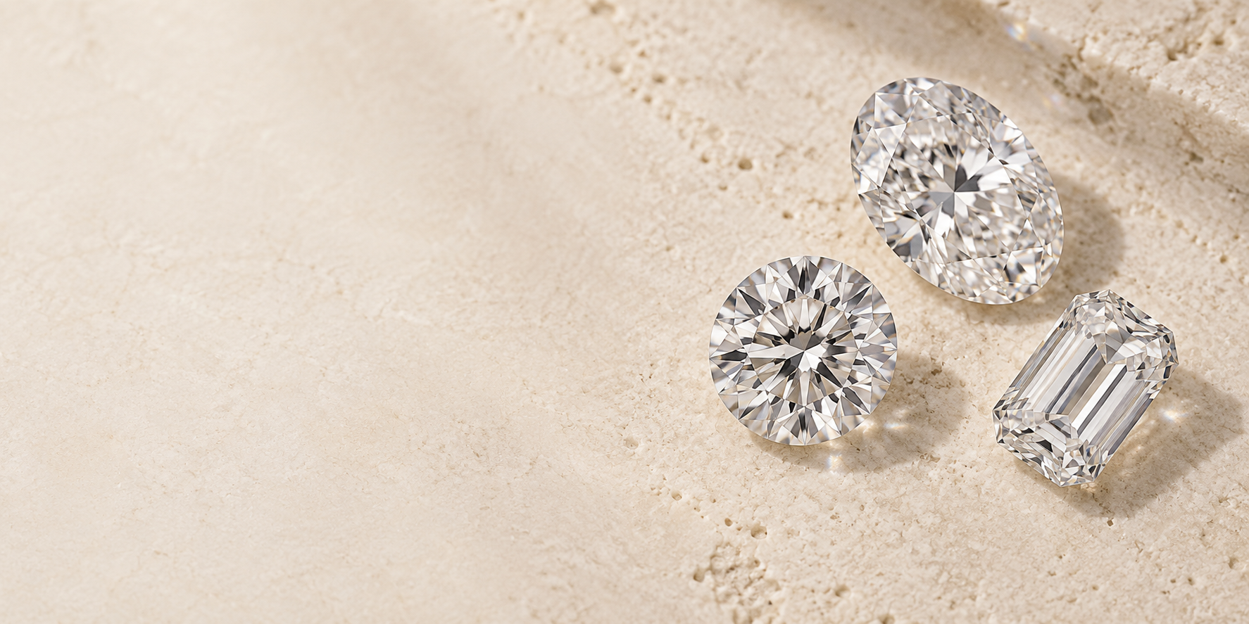 Representación de diamantes redondo, oval y esmeralda basada en modelos disponibles